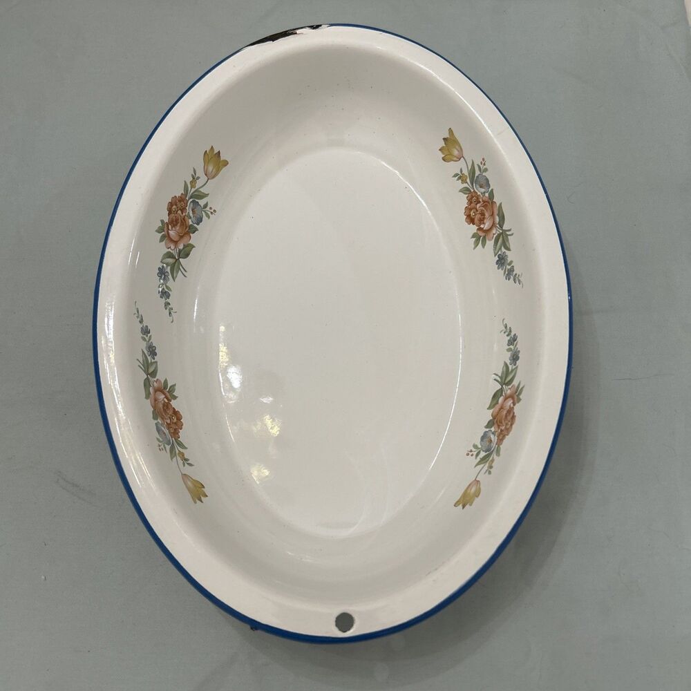 Vtg Enamelware Floral Print Rose Cinsa Brand Saltillo Mexico Oval Blue Trim